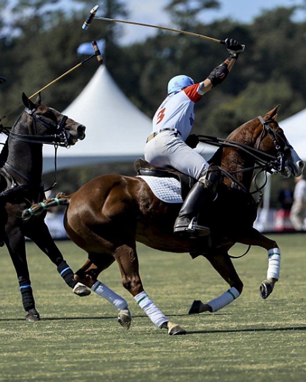 Polo player mid-swing on the field at Summergrove Farm, Folsom, LA